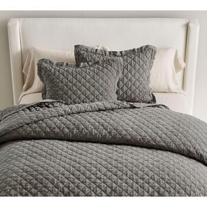 Pottery Barn Belgian Flax Linen Diamond Quilt King Cal King Charcoal Gray
